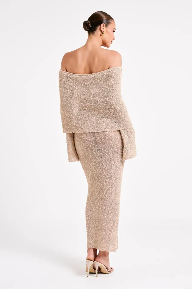 Meshki Basic Dresses Women Marisol Off Shoulder Boucle Maxi Dress 8211 Wheat Wheat