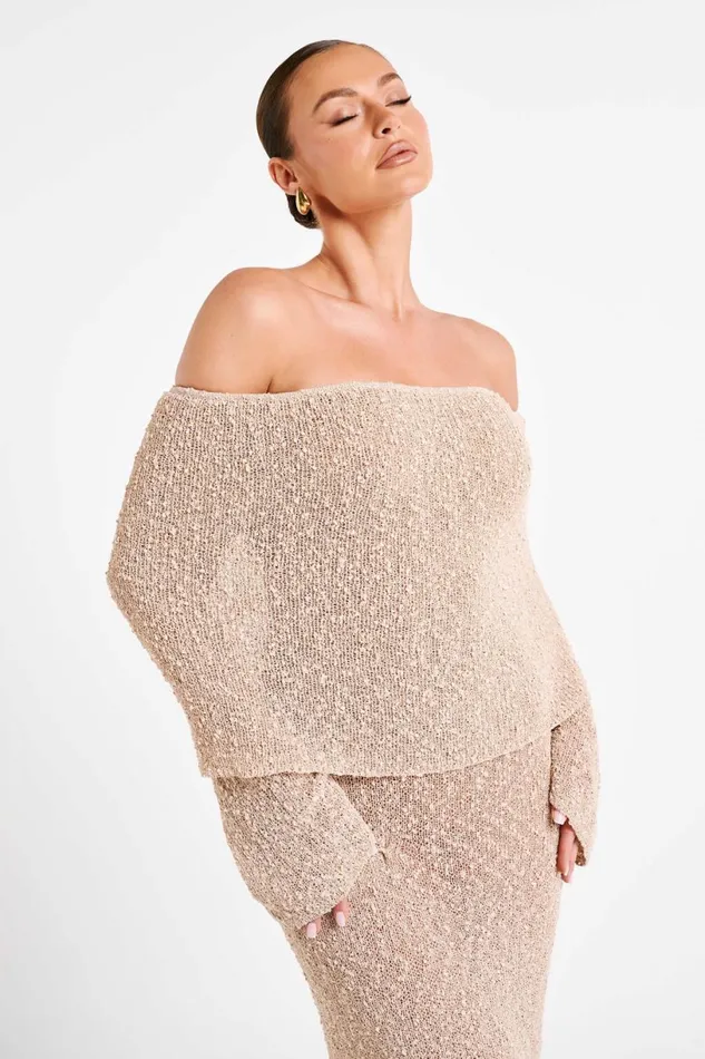 Meshki Basic Dresses Women Marisol Off Shoulder Boucle Maxi Dress 8211 Wheat Wheat