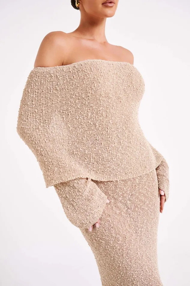 Meshki Basic Dresses Women Marisol Off Shoulder Boucle Maxi Dress 8211 Wheat Wheat