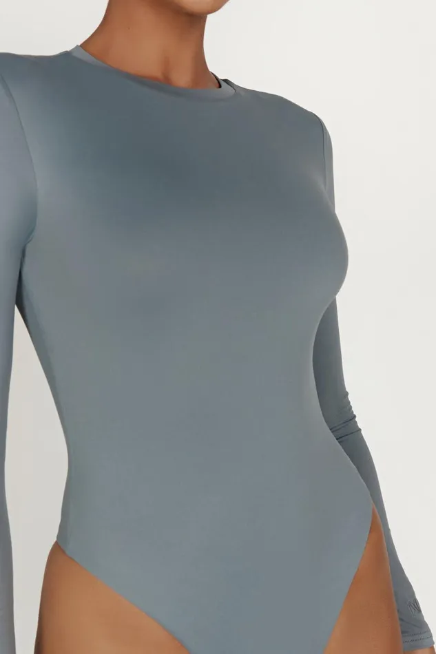 Meshki Basic Tops Women Delilah Recycled Nylon Long Sleeve Crew Neck Bodysuit 8211 Light Charcoal Lightcharcoal