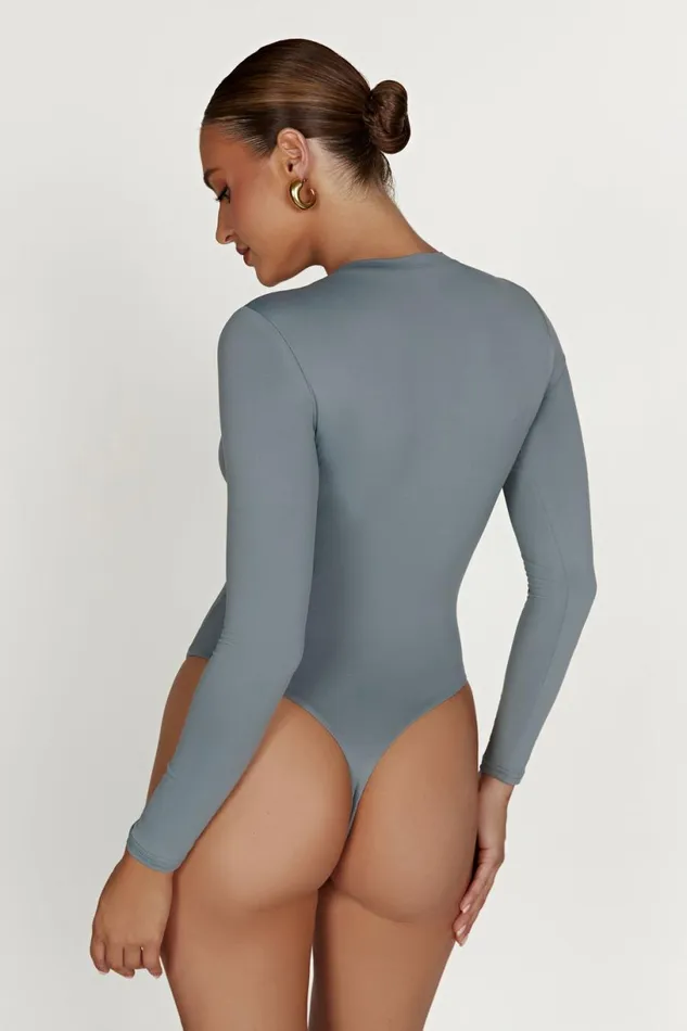 Meshki Basic Tops Women Delilah Recycled Nylon Long Sleeve Crew Neck Bodysuit 8211 Light Charcoal Lightcharcoal