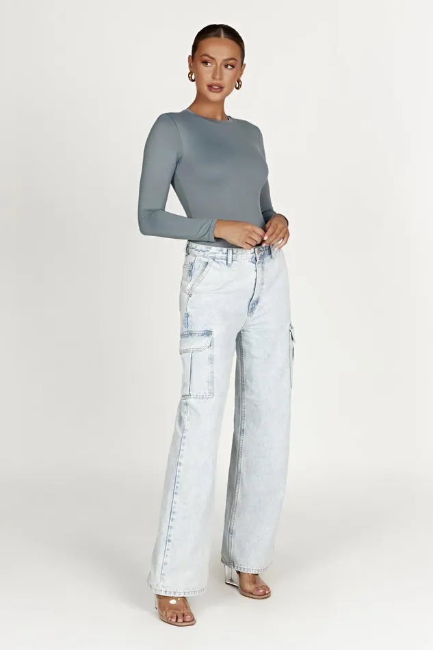 Meshki Basic Tops Women Delilah Recycled Nylon Long Sleeve Crew Neck Bodysuit 8211 Light Charcoal Lightcharcoal