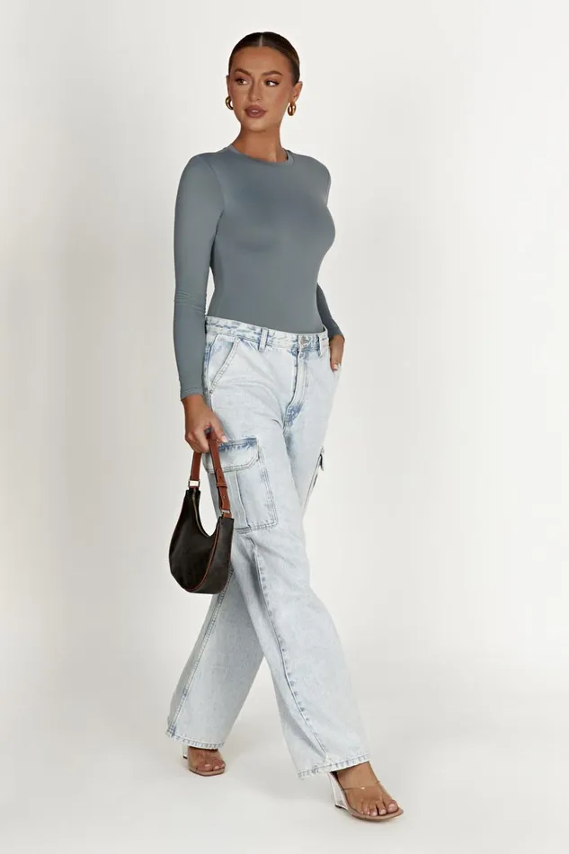 Meshki Basic Tops Women Delilah Recycled Nylon Long Sleeve Crew Neck Bodysuit 8211 Light Charcoal Lightcharcoal