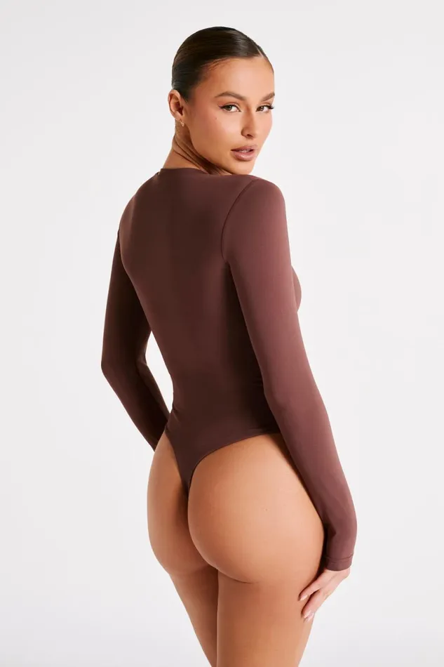 Meshki Basic Tops Women Delilah Recycled Nylon Long Sleeve Crew Neck Bodysuit 8211 Mocha Mocha