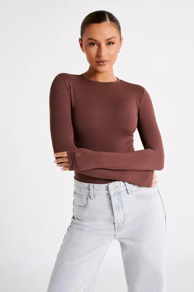 Meshki Basic Tops Women Delilah Recycled Nylon Long Sleeve Crew Neck Bodysuit 8211 Mocha Mocha
