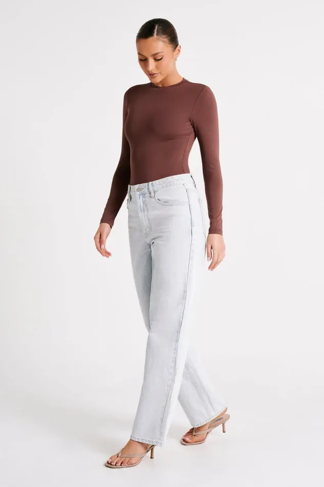 Meshki Basic Tops Women Delilah Recycled Nylon Long Sleeve Crew Neck Bodysuit 8211 Mocha Mocha