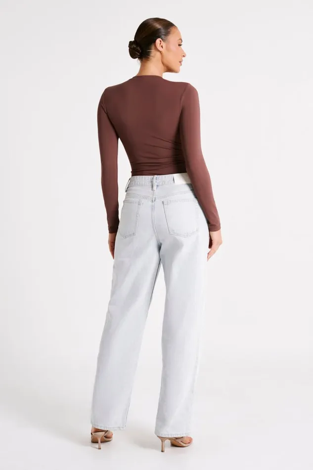 Meshki Basic Tops Women Delilah Recycled Nylon Long Sleeve Crew Neck Bodysuit 8211 Mocha Mocha