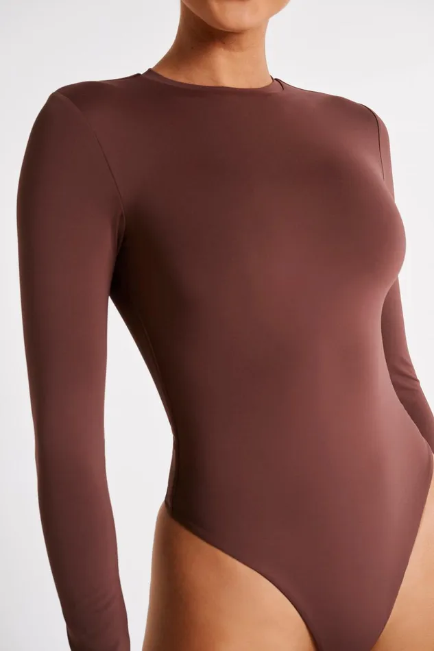 Meshki Basic Tops Women Delilah Recycled Nylon Long Sleeve Crew Neck Bodysuit 8211 Mocha Mocha