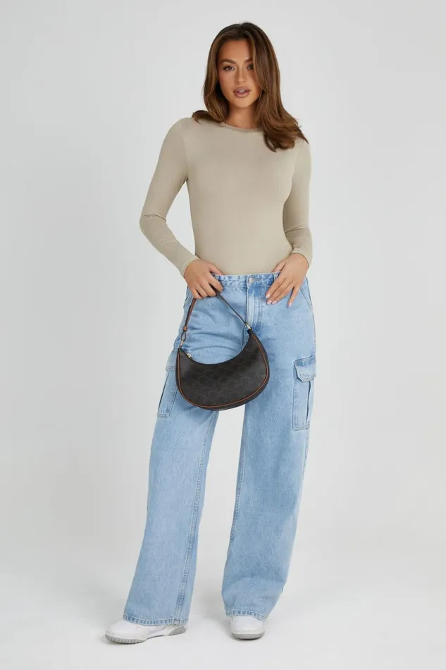 Meshki Basic Tops Women Delilah Recycled Nylon Long Sleeve Crew Neck Bodysuit 8211 Taupe Taupe
