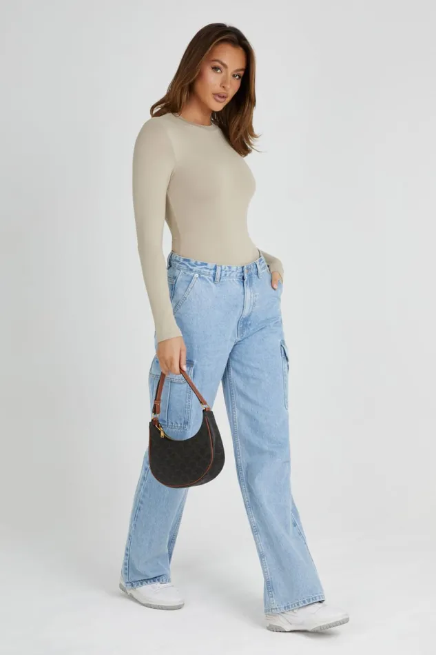 Meshki Basic Tops Women Delilah Recycled Nylon Long Sleeve Crew Neck Bodysuit 8211 Taupe Taupe