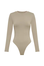 Meshki Basic Tops Women Delilah Recycled Nylon Long Sleeve Crew Neck Bodysuit 8211 Taupe Taupe