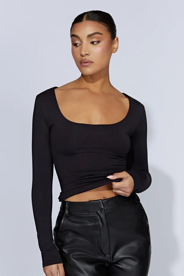 Meshki Basic Tops Women Heather Scooped Long Sleeve Top 8211 Black Black