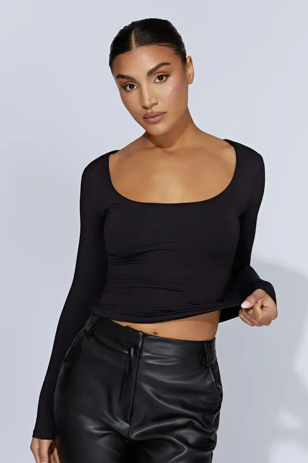 Meshki Basic Tops Women Heather Scooped Long Sleeve Top 8211 Black Black