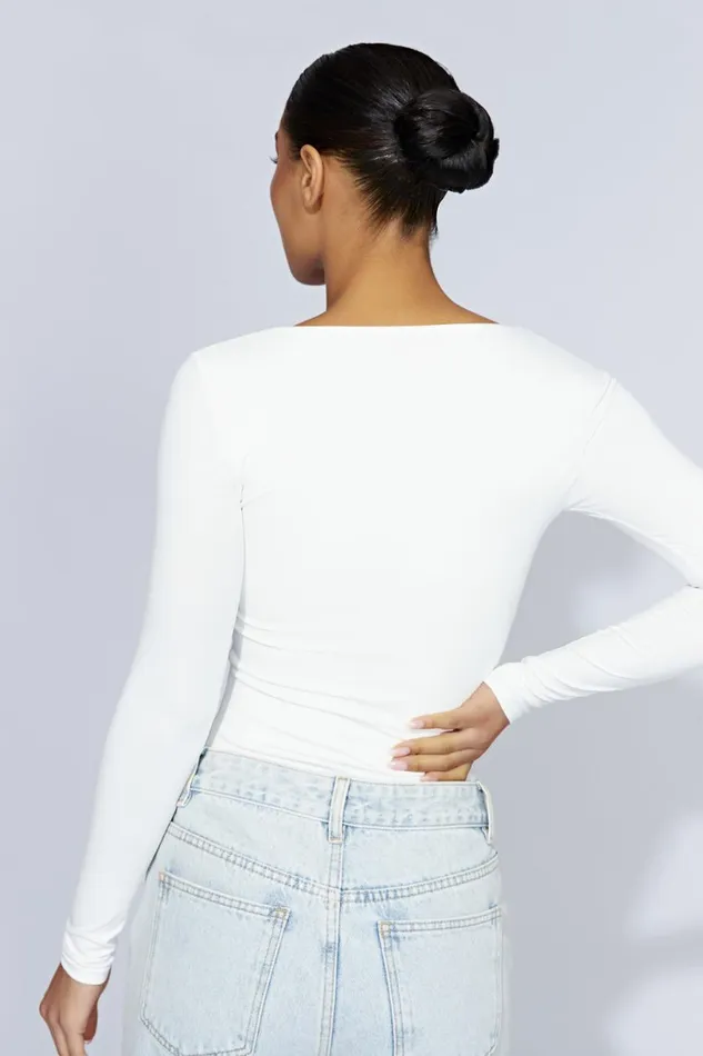 Meshki Basic Tops Women Heather Scooped Long Sleeve Top 8211 White White