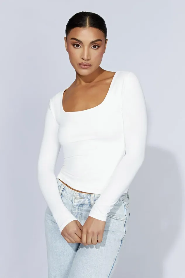 Meshki Basic Tops Women Heather Scooped Long Sleeve Top 8211 White White
