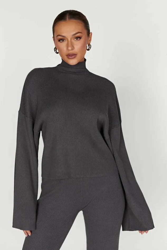 Meshki Basic Tops Women Winona Turtleneck Knit Top 8211 Charcoal Charcoal