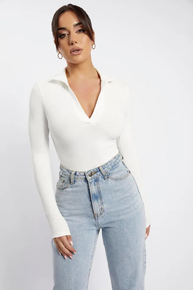 Meshki Bodysuits Women Belle Long Sleeve Collar Bodysuit 8211 White White