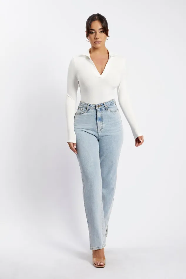 Meshki Bodysuits Women Belle Long Sleeve Collar Bodysuit 8211 White White