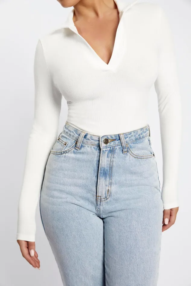 Meshki Bodysuits Women Belle Long Sleeve Collar Bodysuit 8211 White White