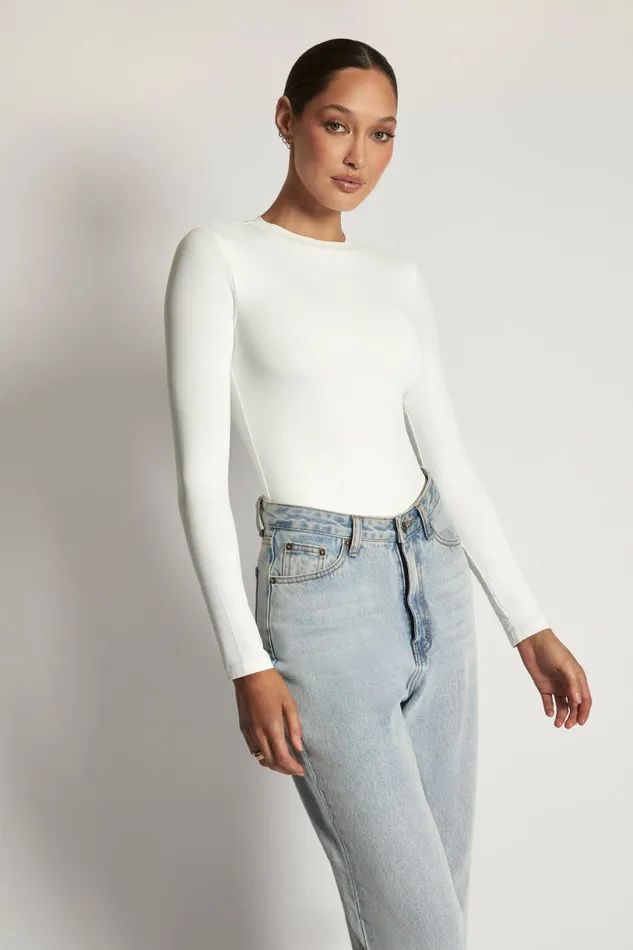 Meshki Bodysuits Women Delilah Long Sleeve Crew Neck Bodysuit 8211 White White