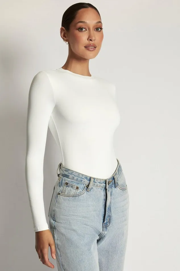 Meshki Bodysuits Women Delilah Long Sleeve Crew Neck Bodysuit 8211 White White