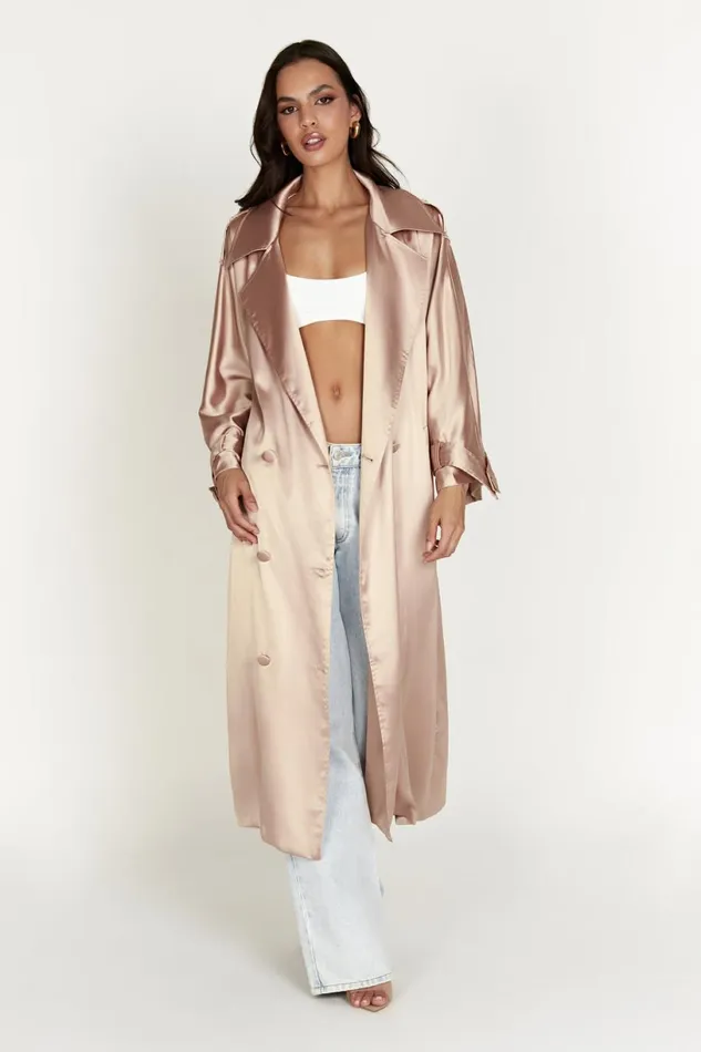Meshki Coats and Jackets Women Azaela Satin Trench Coat 8211 Champagne Champagne Meshki Coats and Jackets Women Azaela Satin Trench Coat 8211 Champagne Champagne