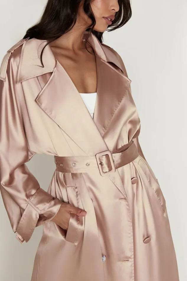 Meshki Coats and Jackets Women Azaela Satin Trench Coat 8211 Champagne Champagne