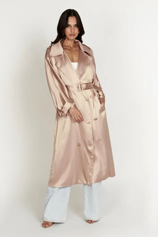 Meshki Coats and Jackets Women Azaela Satin Trench Coat 8211 Champagne Champagne