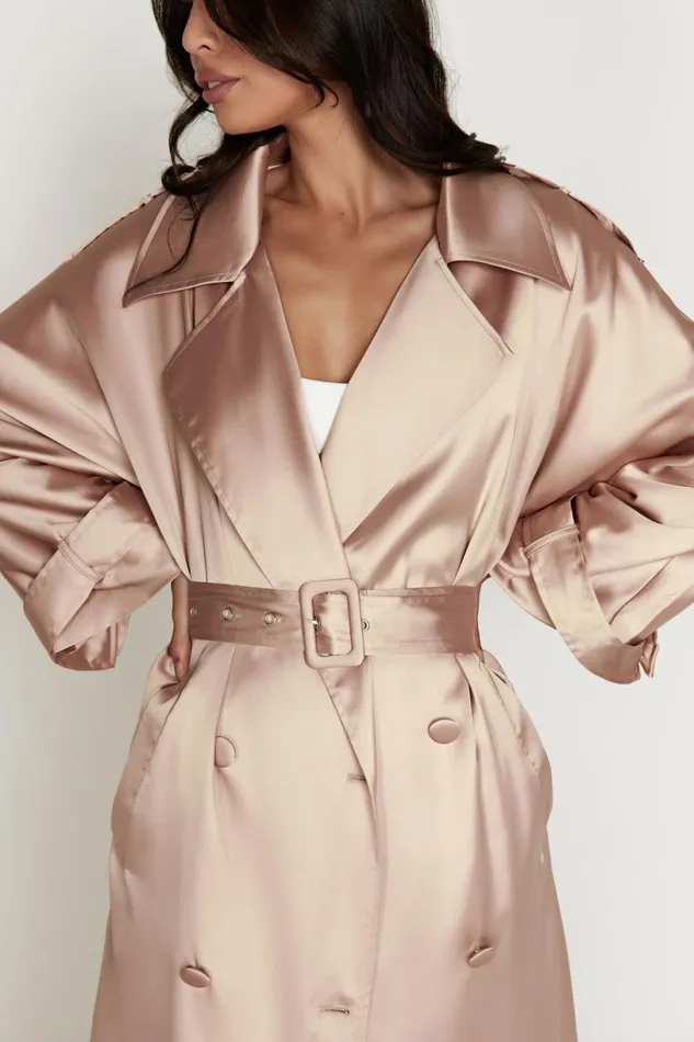 Meshki Coats and Jackets Women Azaela Satin Trench Coat 8211 Champagne Champagne