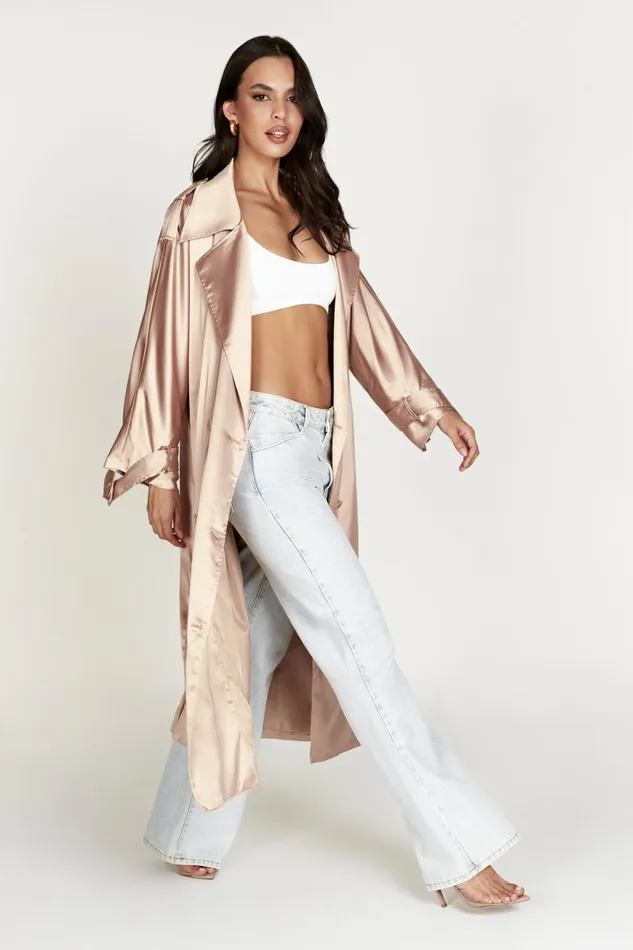 Meshki Coats and Jackets Women Azaela Satin Trench Coat 8211 Champagne Champagne