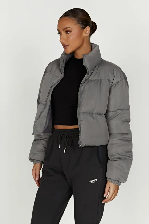 Meshki Coats and Jackets Women Myranda Recycled Cropped Puffer Jacket 8211 Charcoal Charcoal