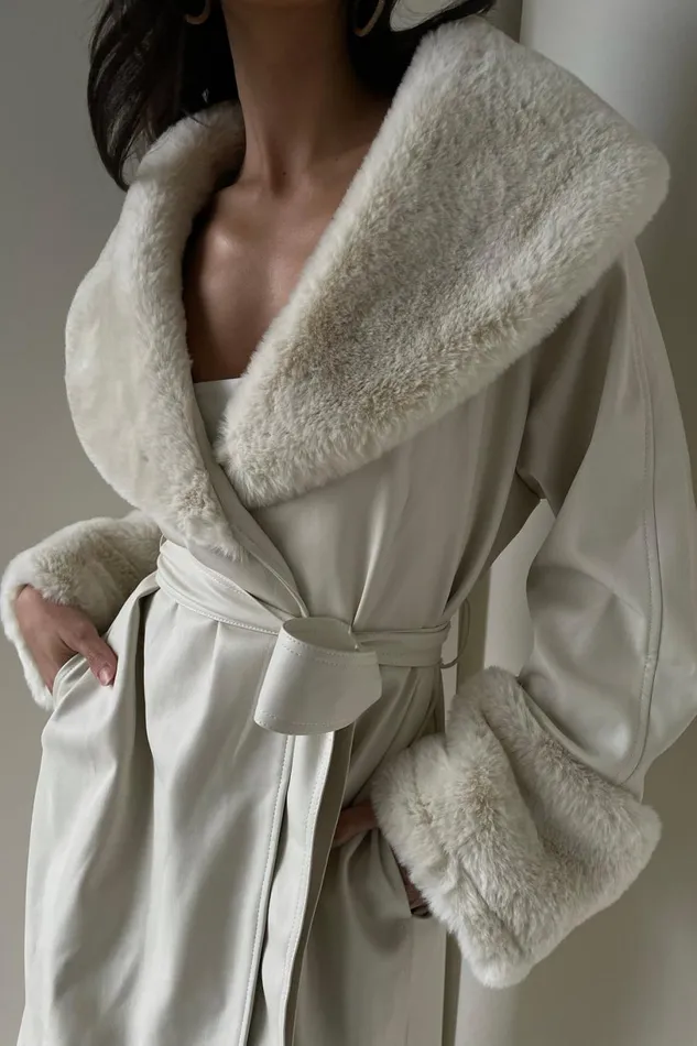 Meshki Coats and Jackets Women Rebekah Oversized Pu Trench Coat With Fur Trim 8211 Bone Bone Meshki Coats and Jackets Women Rebekah Oversized Pu Trench Coat With Fur Trim 8211 Bone Bone