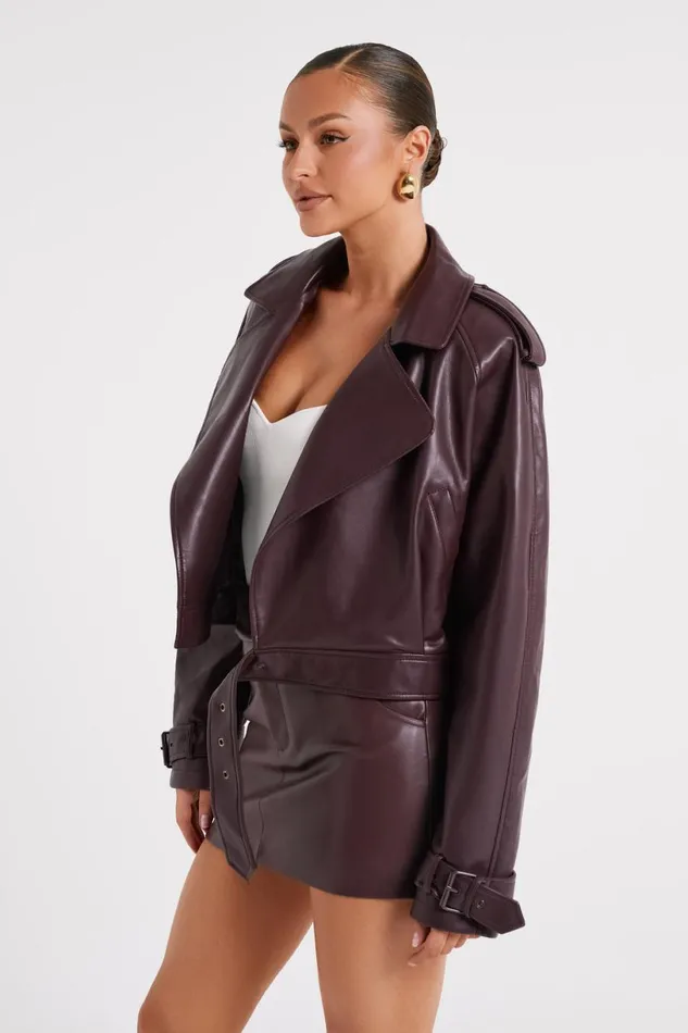 Meshki Coats and Jackets Women Taylor Oversized Faux Leather Jacket 8211 Dark Chocolate Darkchocolate