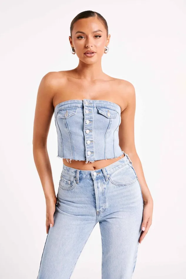 Meshki Corsets Women Sandy Buttoned Denim Tube Top 8211 Mid Blue Mid Blue