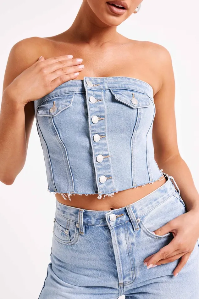 Meshki Corsets Women Sandy Buttoned Denim Tube Top 8211 Mid Blue Mid Blue
