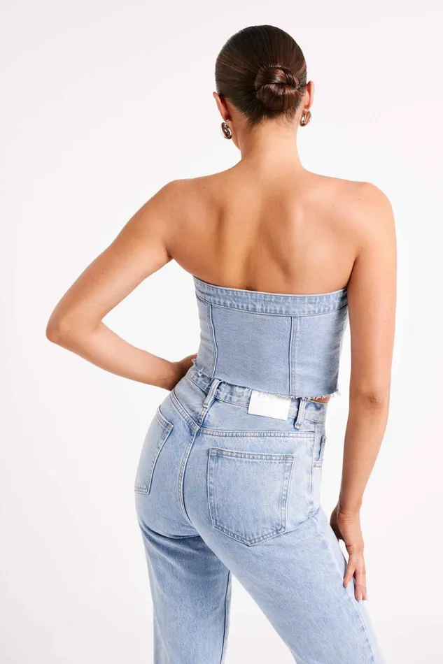 Meshki Corsets Women Sandy Buttoned Denim Tube Top 8211 Mid Blue Mid Blue