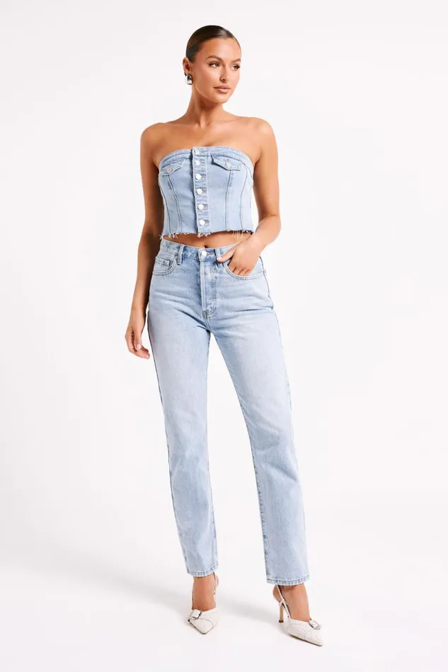 Meshki Corsets Women Sandy Buttoned Denim Tube Top 8211 Mid Blue Mid Blue