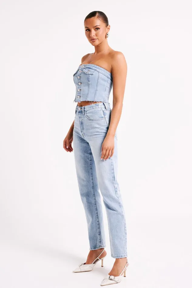 Meshki Corsets Women Sandy Buttoned Denim Tube Top 8211 Mid Blue Mid Blue