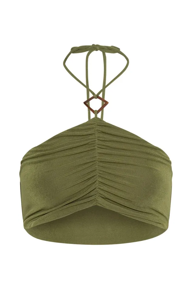 Meshki Crop Tops Women Alizeh Ruched Halter Crop Top 8211 Green Green Meshki Crop Tops Women Alizeh Ruched Halter Crop Top 8211 Green Green