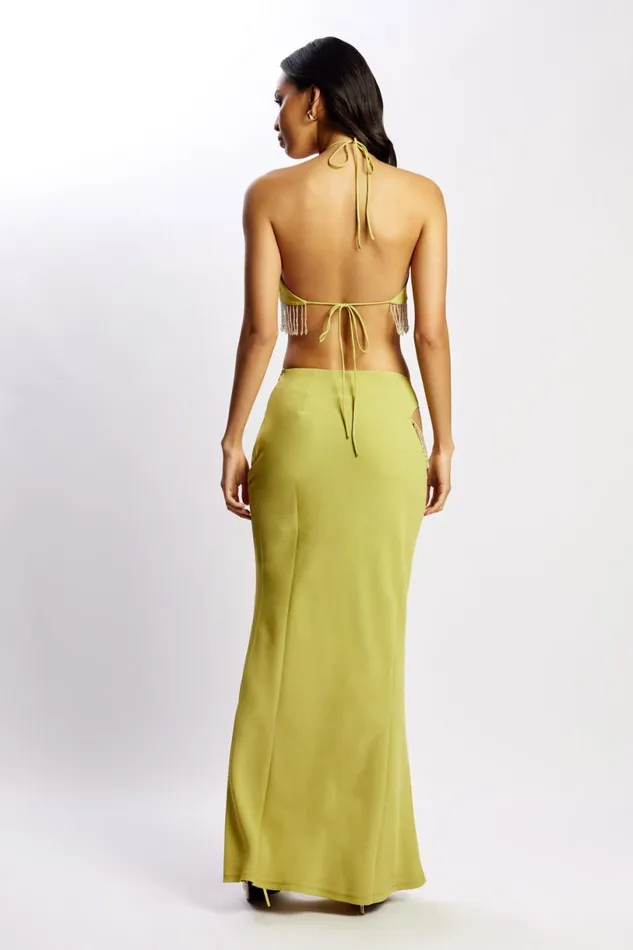 Meshki Crop Tops Women Jayleen Keyhole Triangle Halter Top With Fringe 8211 Chartreuse Chartreuse Meshki Crop Tops Women Jayleen Keyhole Triangle Halter Top With Fringe 8211 Chartreuse Chartreuse
