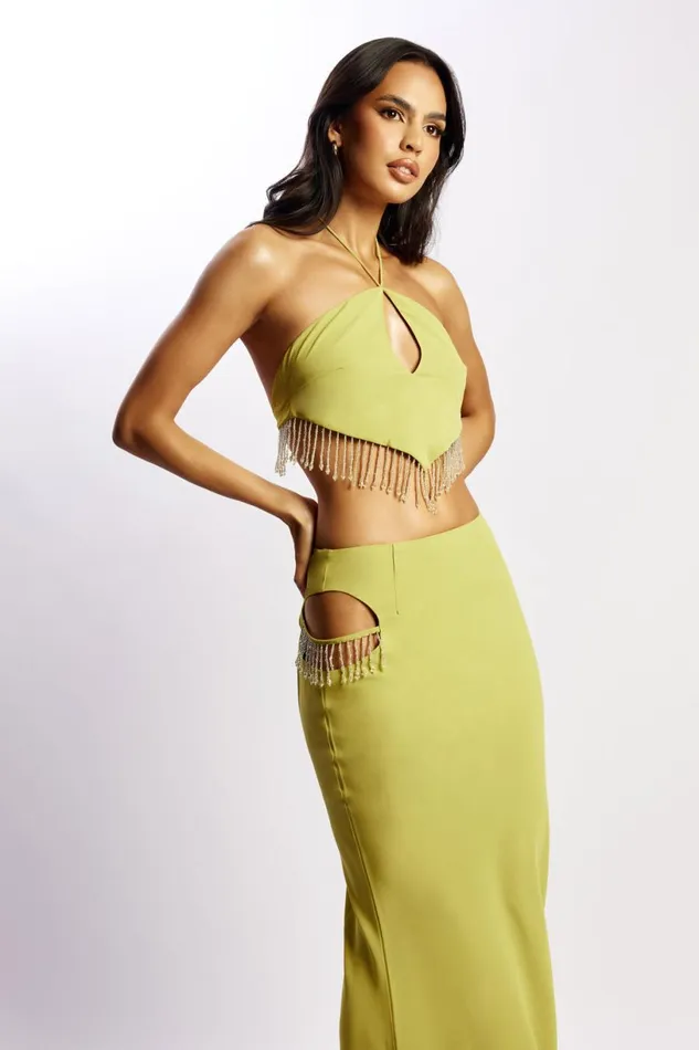 Meshki Crop Tops Women Jayleen Keyhole Triangle Halter Top With Fringe 8211 Chartreuse Chartreuse Meshki Crop Tops Women Jayleen Keyhole Triangle Halter Top With Fringe 8211 Chartreuse Chartreuse