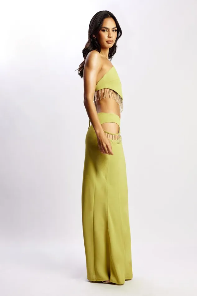 Meshki Crop Tops Women Jayleen Keyhole Triangle Halter Top With Fringe 8211 Chartreuse Chartreuse Meshki Crop Tops Women Jayleen Keyhole Triangle Halter Top With Fringe 8211 Chartreuse Chartreuse
