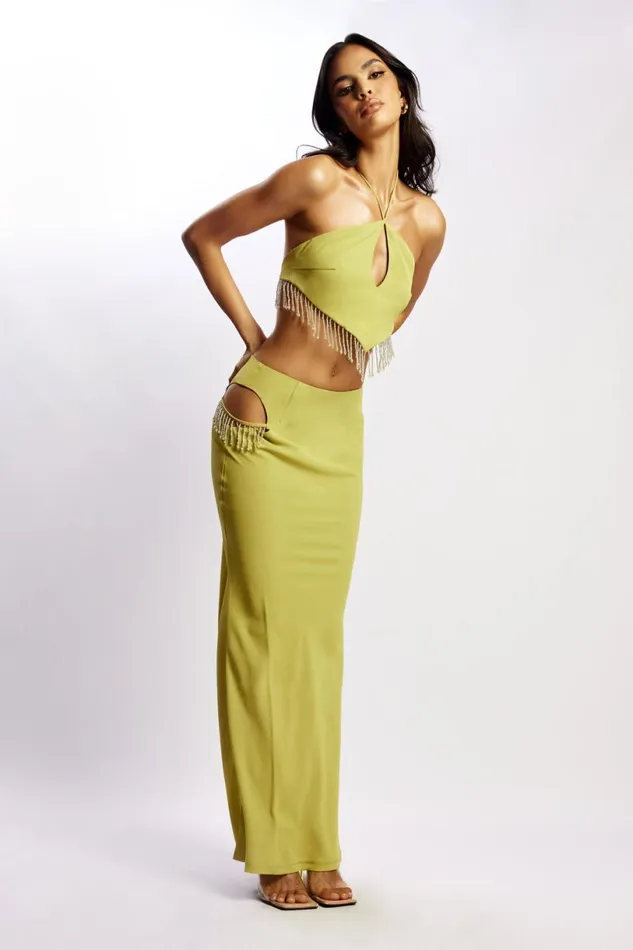 Meshki Crop Tops Women Jayleen Keyhole Triangle Halter Top With Fringe 8211 Chartreuse Chartreuse Meshki Crop Tops Women Jayleen Keyhole Triangle Halter Top With Fringe 8211 Chartreuse Chartreuse