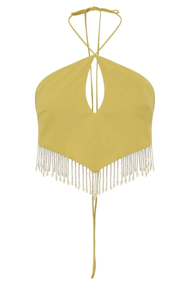 Meshki Crop Tops Women Jayleen Keyhole Triangle Halter Top With Fringe 8211 Chartreuse Chartreuse Meshki Crop Tops Women Jayleen Keyhole Triangle Halter Top With Fringe 8211 Chartreuse Chartreuse