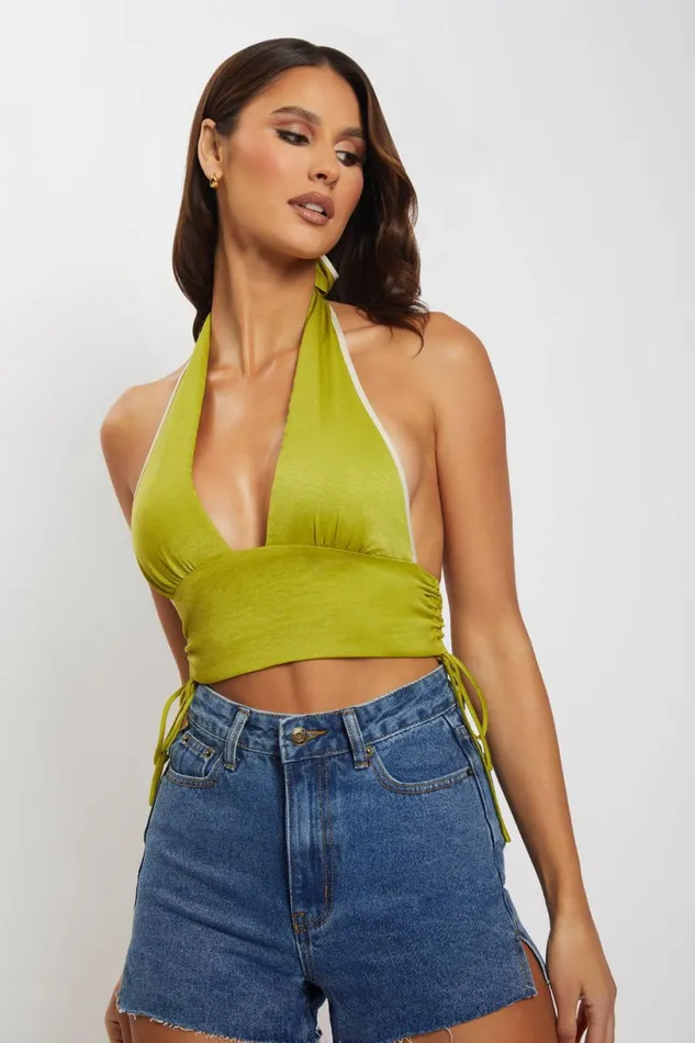 Meshki Crop Tops Women Mollie Satin Ruched Halter Crop 8211 Green Green Meshki Crop Tops Women Mollie Satin Ruched Halter Crop 8211 Green Green