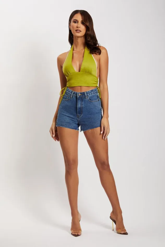 Meshki Crop Tops Women Mollie Satin Ruched Halter Crop 8211 Green Green Meshki Crop Tops Women Mollie Satin Ruched Halter Crop 8211 Green Green