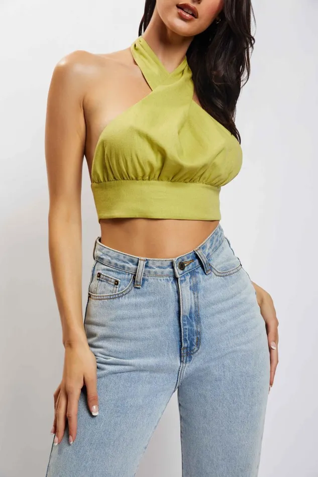 Meshki Crop Tops Women Piper Halter Neck Linen Crop Top 8211 Apple Apple Meshki Crop Tops Women Piper Halter Neck Linen Crop Top 8211 Apple Apple