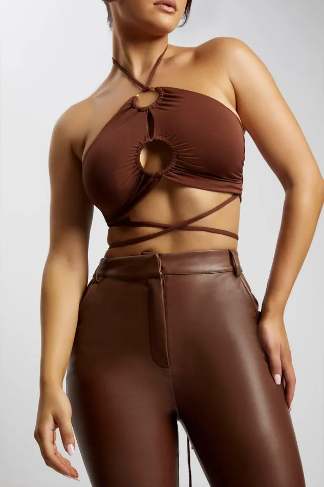 Meshki Crop Tops Women Sabrina Ruched Halter Crop Top 8211 Chocolate Chocolate