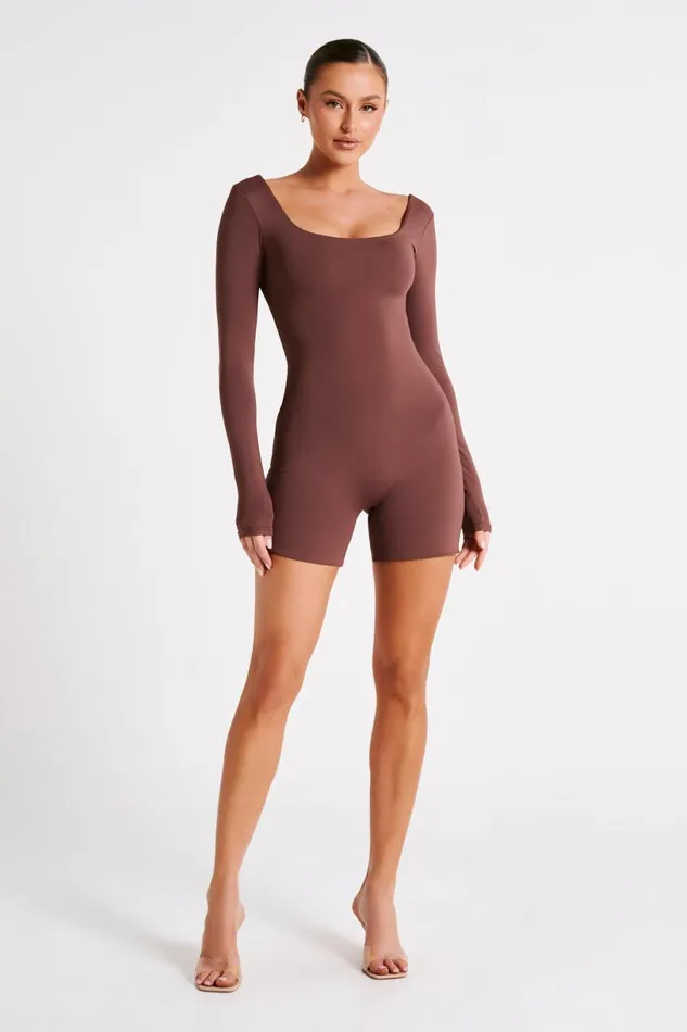 Meshki Jumpsuits and Rompers Women Oakley Recycled Nylon Long Sleeve Playsuit 8211 Mocha Mocha