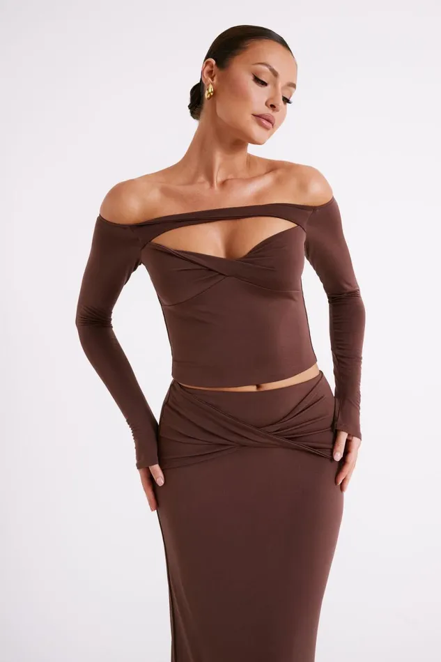 Meshki Long Sleeve Tops Women Ceri Off Shoulder Long Sleeve Top 8211 Mocha Mocha